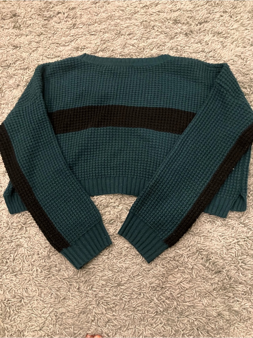 Forever 21 Green and Black Stripe Cropped Waffle Knit Sweater